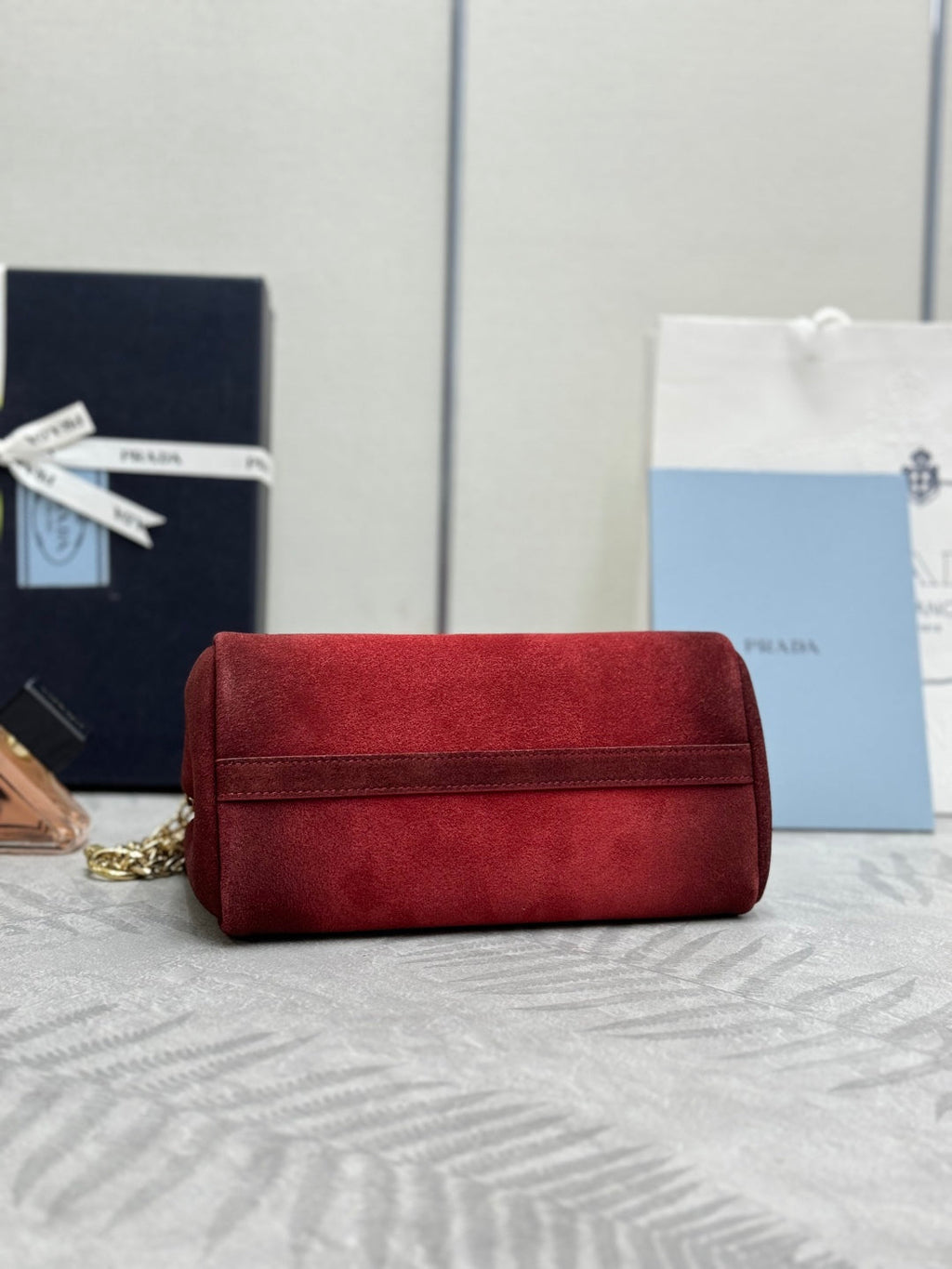 PRADA 25S ENCHAINE MINI BAG 22 IN RUBY RED SUEDE GOLD HARDWRE
