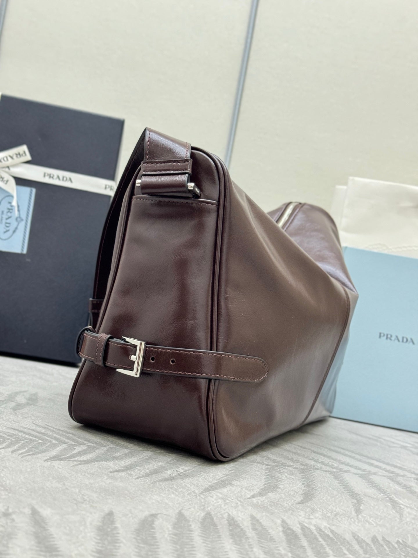 PRADA 25S SHOULDER BAG 35 IN RK BROWN CALFSKIN SILVER HARDWRE