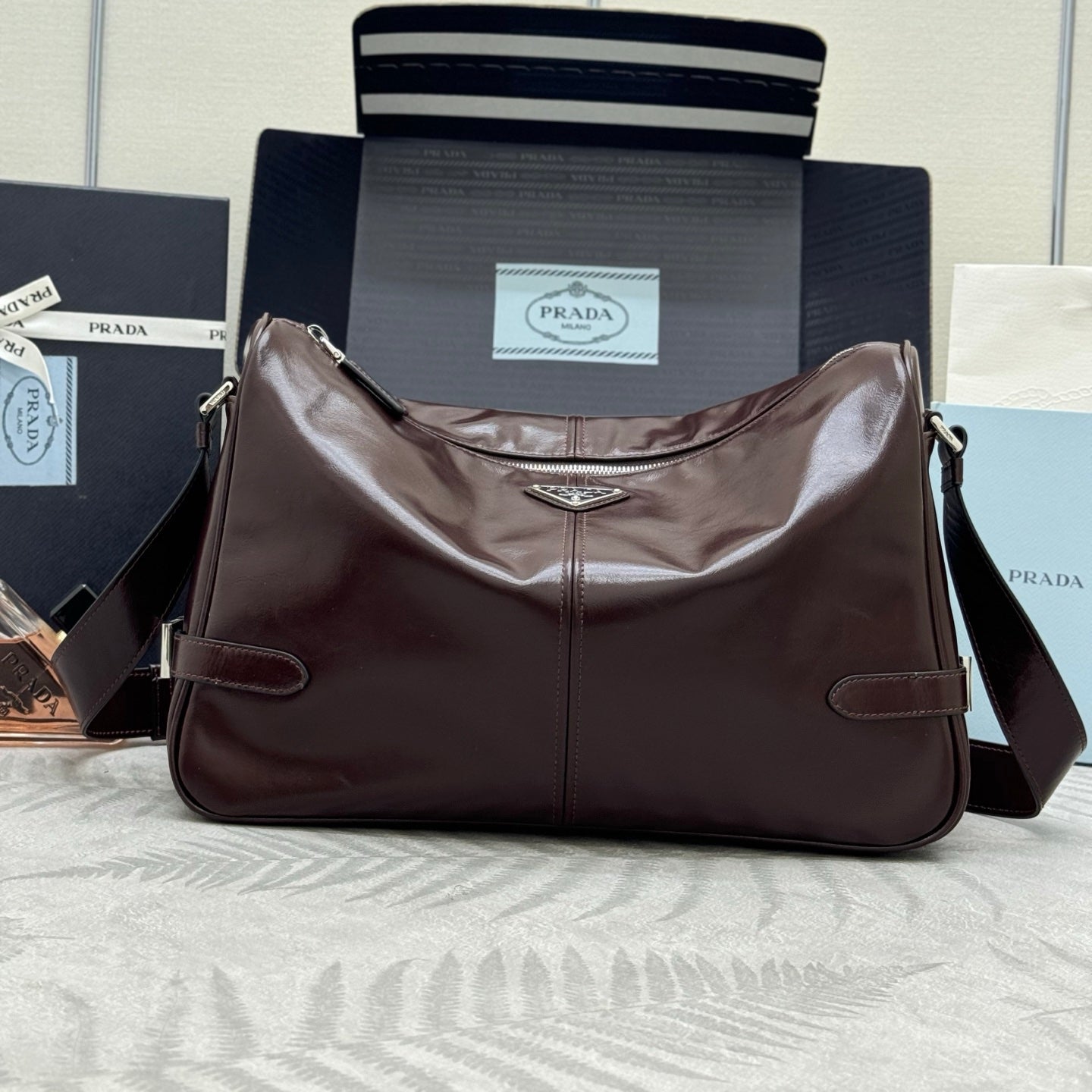 PRADA 25S SHOULDER BAG 35 IN RK BROWN CALFSKIN SILVER HARDWARE
