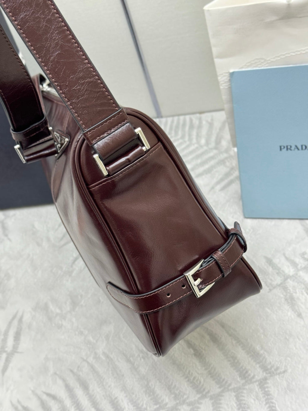 PRADA 25S SHOULDER BAG 35 IN RK BROWN CALFSKIN SILVER HARDWARE