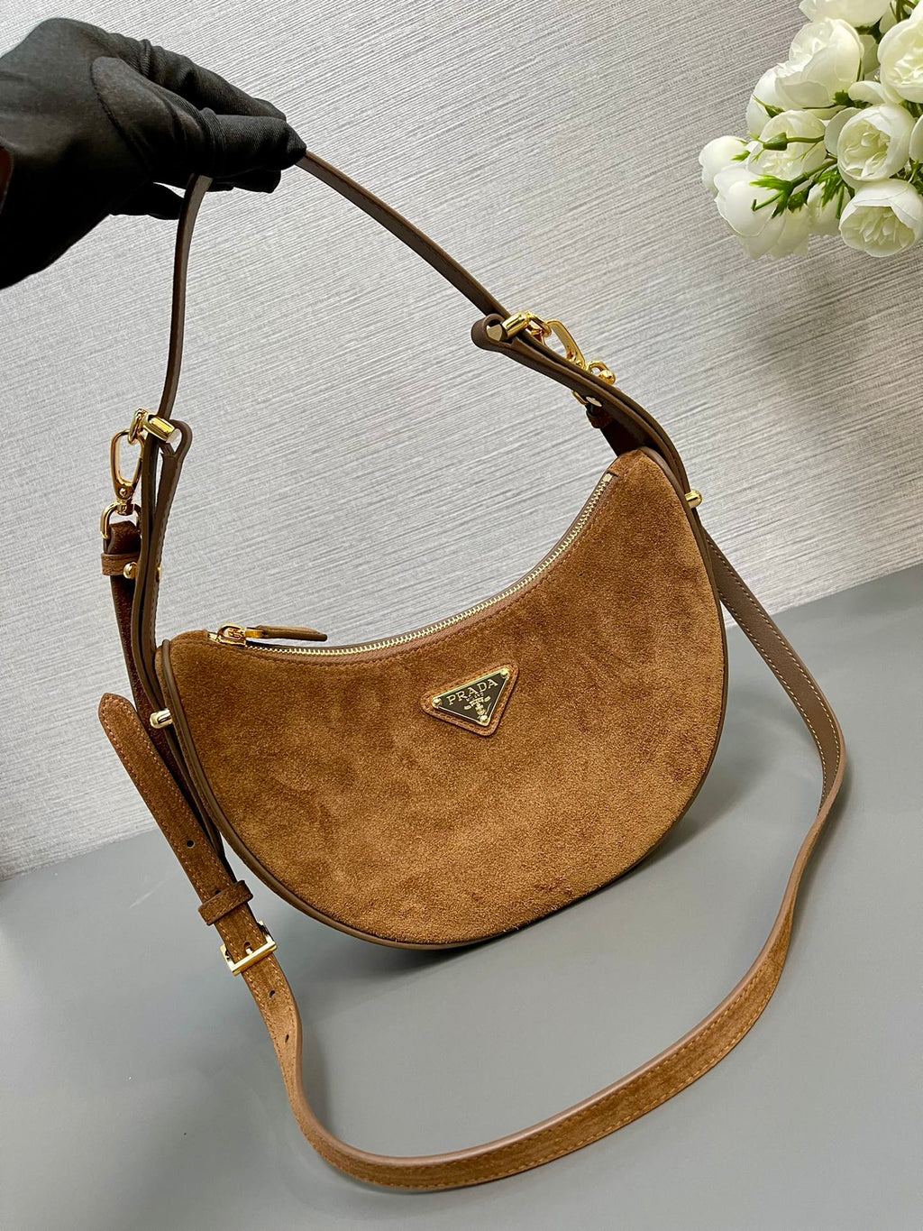 PRADA MOON HANDBAG 22 IN RUSSET BROWN SUEDE