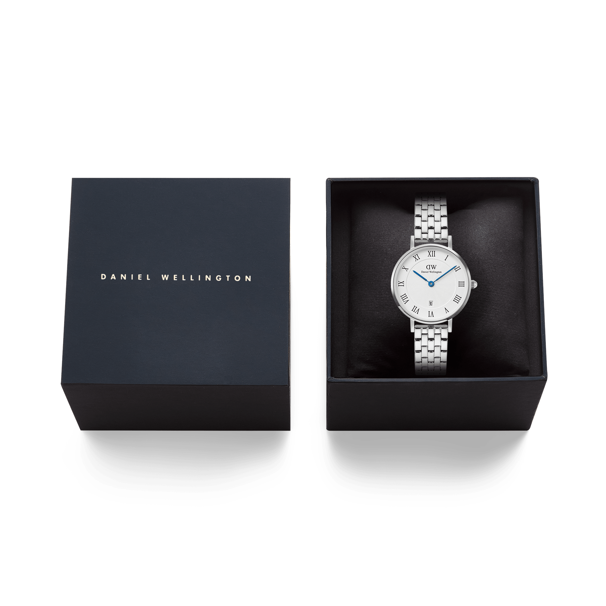 DW Petite Roman Numerals Date 5-link Silver Watch